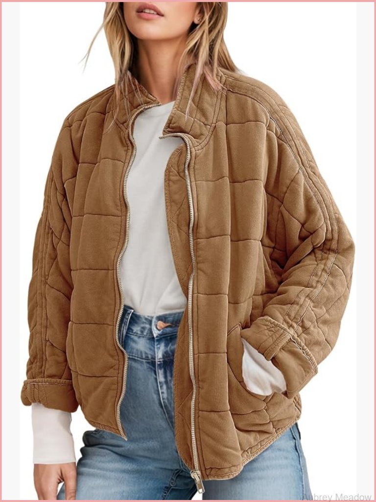 Womens Quilted Full-Zip Jacket Coat Warm Winter Outerwear Dolman Sleeve